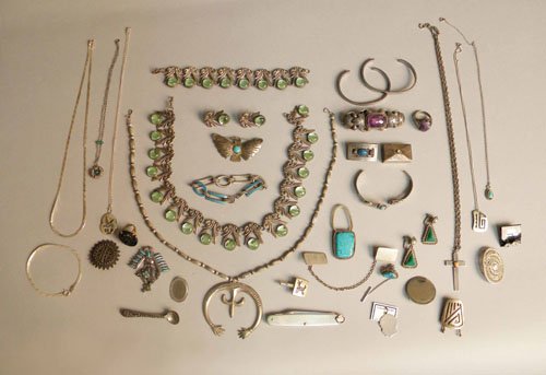 Group of Native American and Mexican sterling jew: Group of Native American and Mexican sterling jewelry.
