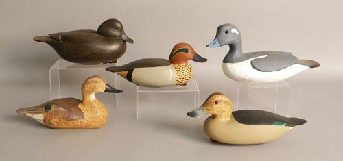 Group of five duck decoys to include two teal's, : Group of five duck decoys to include two teal's, signed Birch, 10 1/2'' l. and 10 3/4'' l., a teal stamped Wm Oler, 11 1/2'' l., another stamped W. Oler, 12'' l., and a teal stamped JCC. 10 1/2'' l.