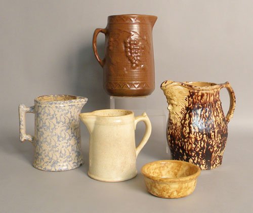 Four earthenware pitchers, tallest - 9 1/4'' h.,: Four earthenware pitchers, tallest - 9 1/4'' h., together with a small bowl.