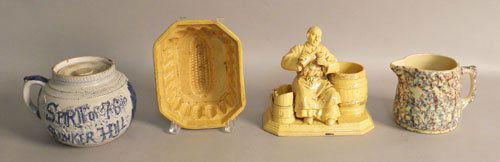 Yelloware match holder, 19th c., 7 1/2'' h., toge: Yelloware match holder, 19th c., 7 1/2'' h., together with a food mold, bean pot, and sponge pitcher.