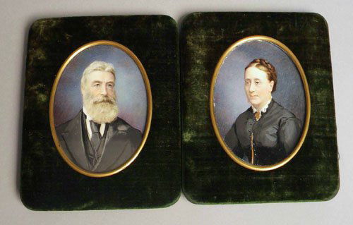 Pair of Victorian watercolor on ivory miniature p: Pair of Victorian watercolor on ivory miniature portraits of a husband and a wife, 3 1/4'' x 2 1/2''.