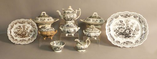 Ten pcs. of ironstone, 19th c., with sepia and gr: Ten pcs. of ironstone, 19th c., with sepia and grisaille transfer decoration.