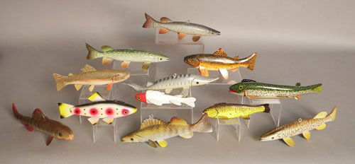 Group of 12 contemporary fish decoys, six signed: Group of 12 contemporary fish decoys, six signed R. Wh.; one initialed R.K.; one signed Grand Daddy Bait Co.; one signed Rudy Zwieg; one signed Paul E.; one signed M. Johnston; longest is 10''.