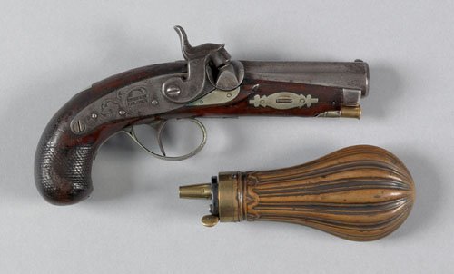 Henry Deringer, Philadelphia percussion pistol,: Henry Deringer, Philadelphia percussion pistol, approximately .50 caliber, with checkered walnut grips, silver furniture in later walnut box with copper powder flask, 2 1/2'' octagonal barrel.