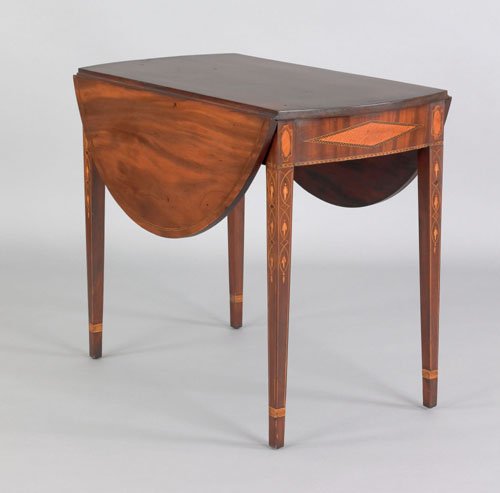 Baltimore Hepplewhite mahogany pembroke table, c: Baltimore Hepplewhite mahogany pembroke table, ca. 1800, the ends with large curly maple diamond panels supported by square tapering legs with bellflower chain and banded cuffs, 28 3/4'' h., 20'' w., 
