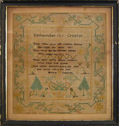Silk on linen sampler dated 1809 and wrought by: Silk on linen sampler dated 1809 and wrought by Miriam Cobourn with verse above trees and birds within a vine border, 15 3/4'' x 14 3/4''.