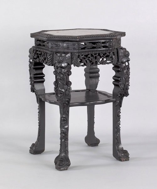 Chinese carved marble top stand, early 20th c.,: Chinese carved marble top stand, early 20th c., 32'' h., 21 1/2'' w. Provenance: Woodmere Art Museum, Philadelphia, PA, proceeds to benefit the Charles Knox Smith Art Acquisition Fund.
