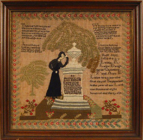 Wool on linen memorial needlework dated 1844, w: Wool on linen memorial needlework dated 1844, wrought by Letitia Laise in memory of her mother Ann, 16'' x 16 1/2''.