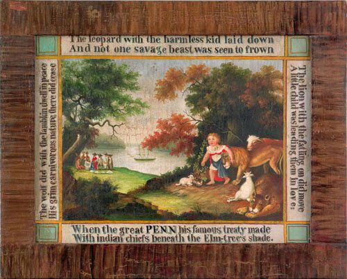 Edward Hicks, after (American, 1780-1849), oil: Edward Hicks, after (American, 1780-1849), oil on poplar panel Peaceable Kingdom with William Penn making peace with the Indians in the background and a typical scene of a child with wild animals in t