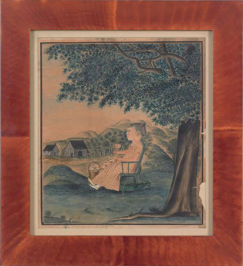 Jacob Maentel (American, 1763-1863), watercolor: Jacob Maentel (American, 1763-1863), watercolor on paper portrait of a young girl seated in a blue windsor rocking chair holding a floral garland seated under a tree with stone farm buildings in backg
