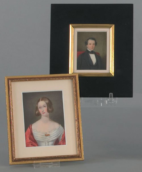 Two watercolor on ivory miniature portraits of a: Two watercolor on ivory miniature portraits of a man and woman, the gentleman inscribed James Robertson 1847, 2 1/2'' x 2'' and 3 1/2'' x 2 1/2''.