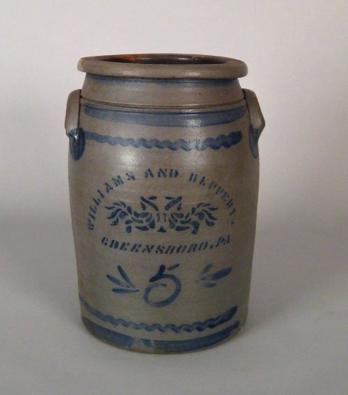 Five gallon stoneware crock, 19th c.. signed W: Five gallon stoneware crock, 19th c.. signed Williams And Reppert Greensboro PA, 15 1/2'' h.