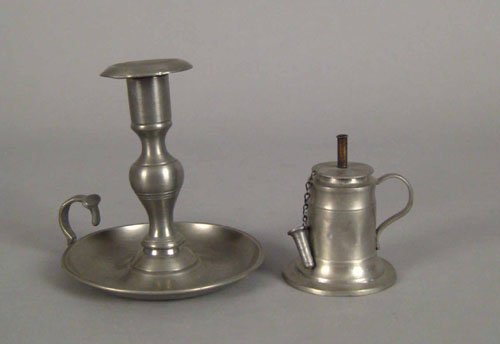 New York pewter chamberstick, ca. 1840, bearing: New York pewter chamberstick, ca. 1840, bearing the touch of Henry Hopper, 5 1/4'' h., together with an oil lamp, 3 1/2'' h.