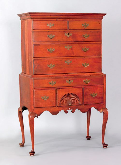Massachusetts or New Hampshire Queen Anne maple: Massachusetts or New Hampshire Queen Anne maple highboy, ca. 1770, the upper section with two short and three long drawers resting on a base with one long and three short drawers, the center with fan 