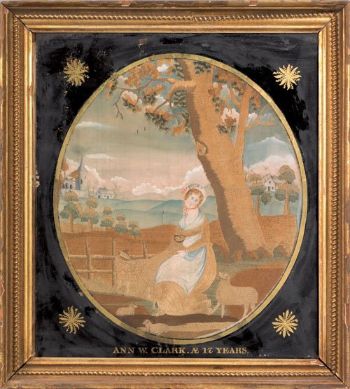 Silk paint and chenille on silk needlework, earl: Silk paint and chenille on silk needlework, early 19th c., wrought by Ann W. Clark AE 17 years, depicting a bucolic landscape with shepherdess, 20'' x 18''.