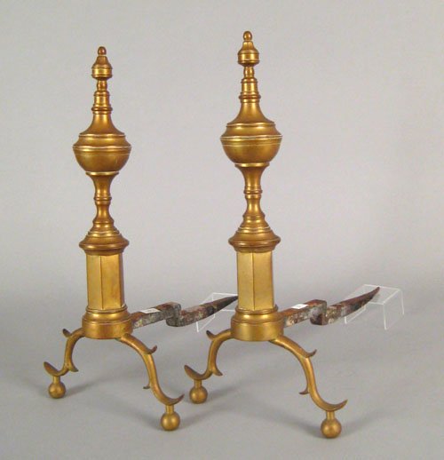 Pair of New York Federal brass andirons, early 1: Pair of New York Federal brass andirons, early 19th c., stamped Bailey, 22 1/2'' h.