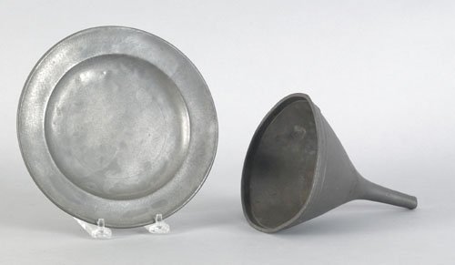 Philadelphia pewter plate, ca. 1815, bearing th: Philadelphia pewter plate, ca. 1815, bearing the touch of Blakeslee Barns, 7 7/8'' dia., together with a wine funnel bearing an obscured touch W___, possibly for William Ellsworth, 6 3/4'' dia.