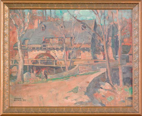 Arthur Ernst Becher (American, 1877-1960), oil: Arthur Ernst Becher (American, 1877-1960), oil on board landscape with mill, signed lower left Arthur E. Becher 1919, 16'' x 20''.