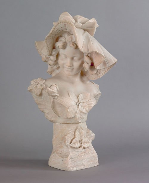 Giuseppe Bessi (Italian, 1857-1922), carved ala: Giuseppe Bessi (Italian, 1857-1922), carved alabaster bust of a young girl with a bonnet, signed on reverse G. Bessi, 23'' h