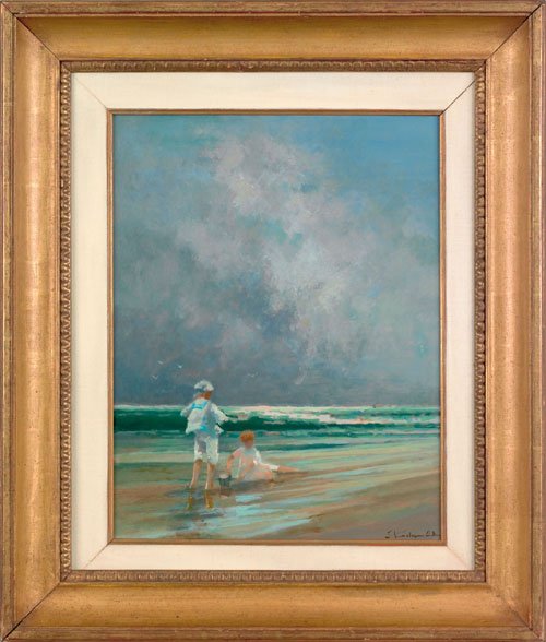 Donald Roy Purdy (American, b. 1924), oil on bo: Donald Roy Purdy (American, b. 1924), oil on board coastal scene with figures, signed lower right, 18'' x 14''.