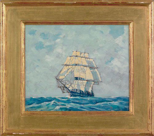 Thomas Watson Ball (American, 1863-1934), oil o: Thomas Watson Ball (American, 1863-1934), oil on board ship portrait of the Constitution, signed lower left, bears a Lyme Art Association label verso, 10'' x 12''.