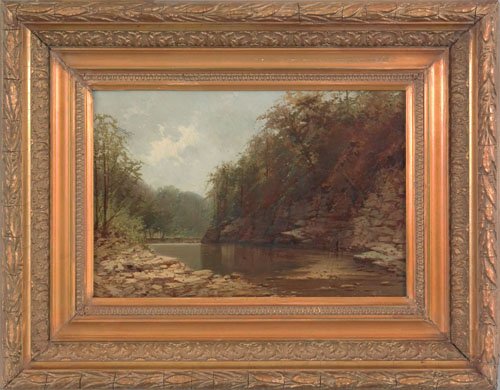 Alfred Thompson Bricher (American, 1837-1908), : Alfred Thompson Bricher (American, 1837-1908), oil on board landscape with river, signed lower left, 9 1/2'' x 14''.