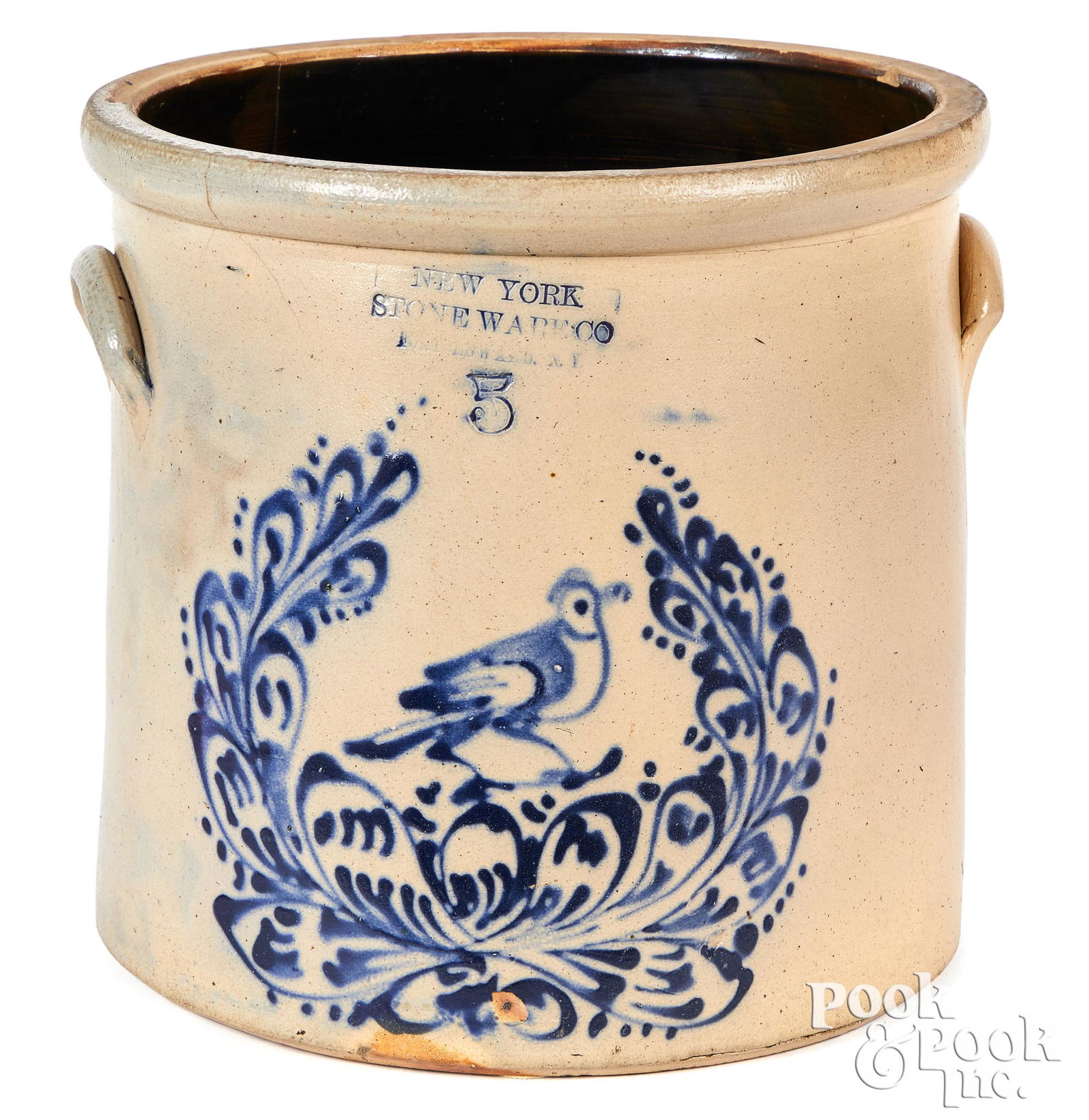 NY stoneware crock, Fort Edward bird in wreath (1 of 2)