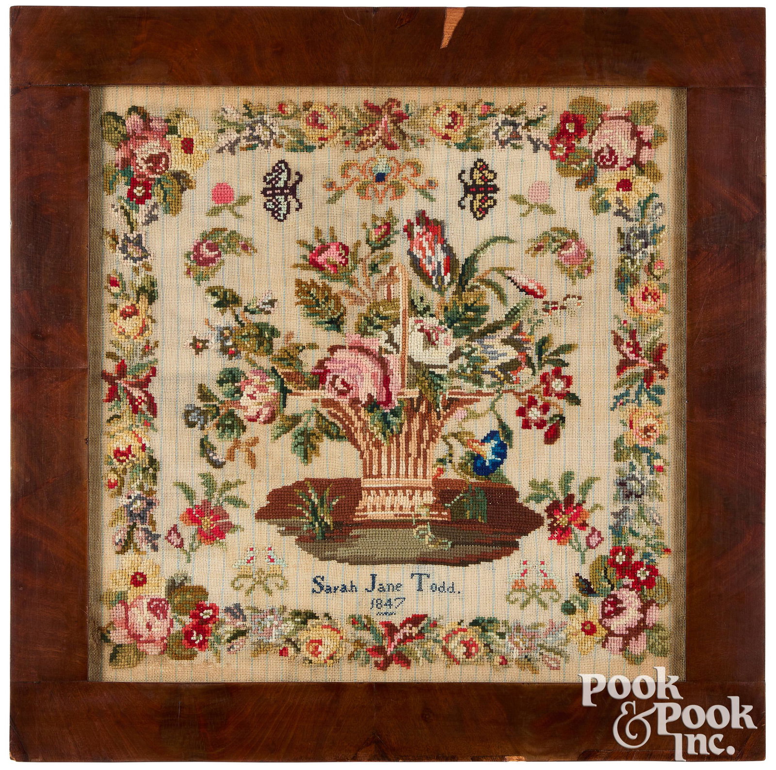 Pennsylvania wool needlework, dated 1847: Pennsylvania wool needlework, dated 1847, wrought by Sarah Jane Todd, 18 1/2'' x 18 1/2''. Provenance: M. Finkel & Daughter. Competitive In-House shipping is available for this lot.