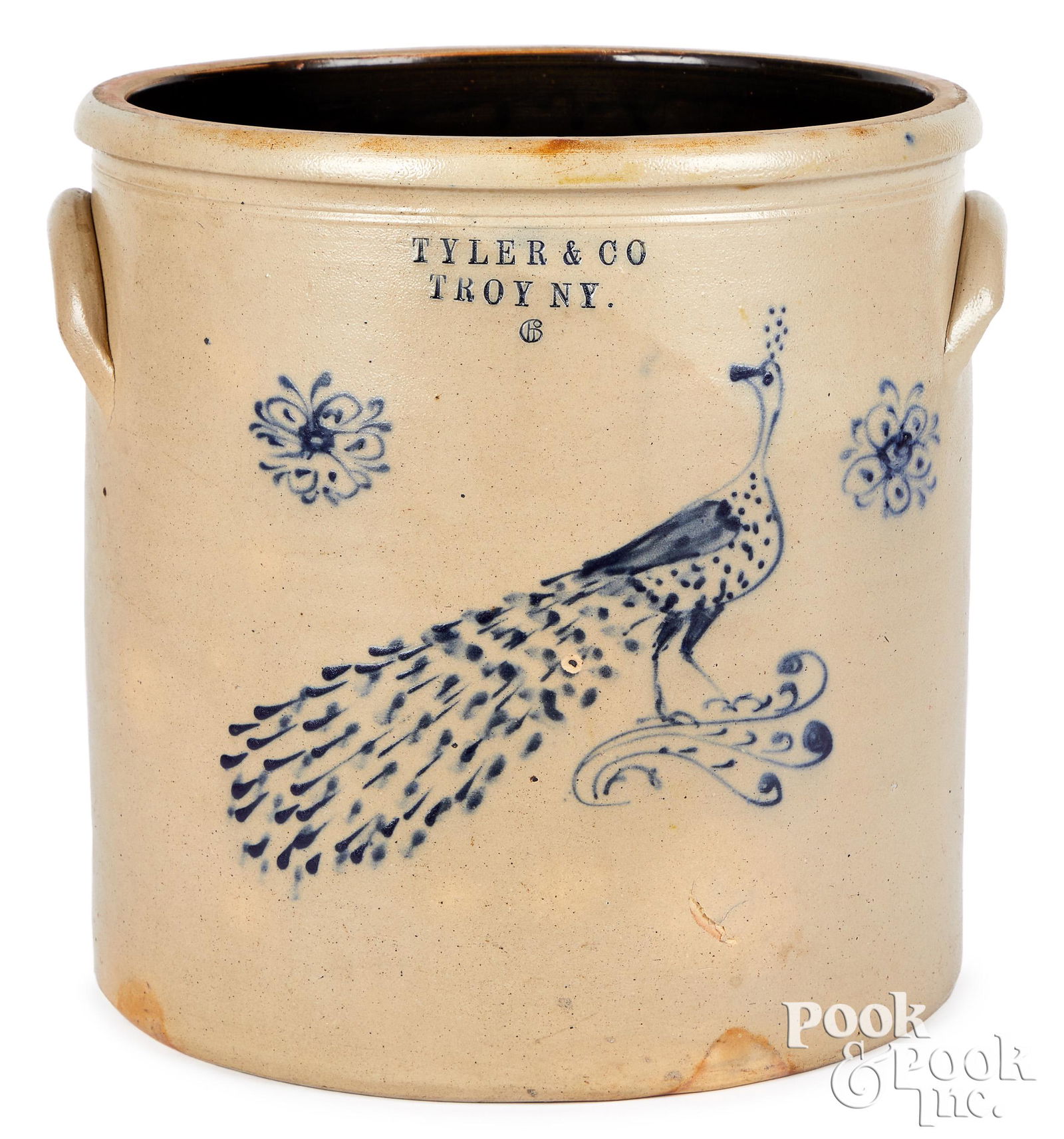NY stoneware crock, Tyler & Co. Troy peacock (1 of 2)