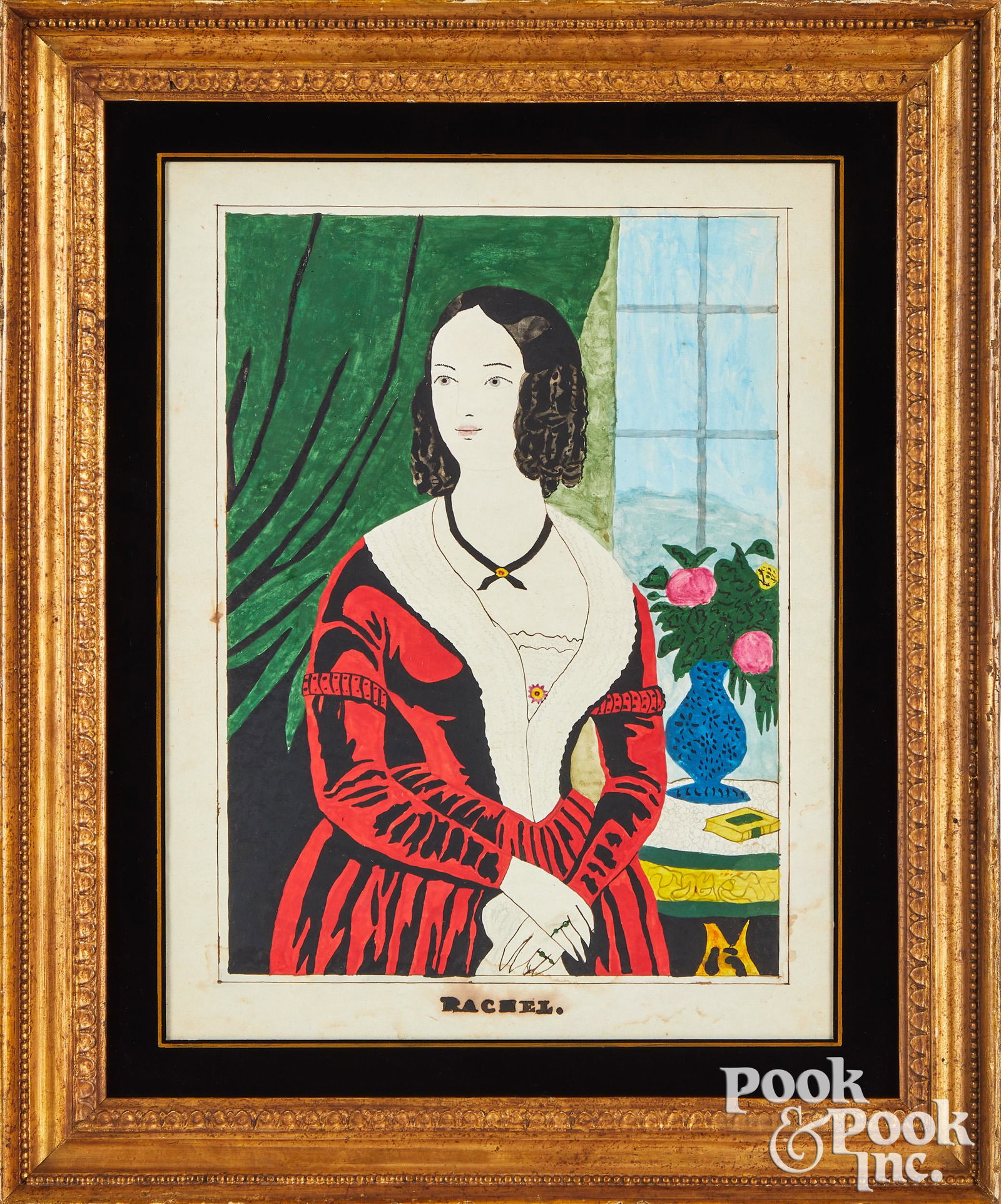 American watercolor portrait, titled Rachel: American watercolor portrait, titled Rachel, ca. 1860, after the lithograph by Currier & Ives, 11 1/2'' x 8 1/2''.