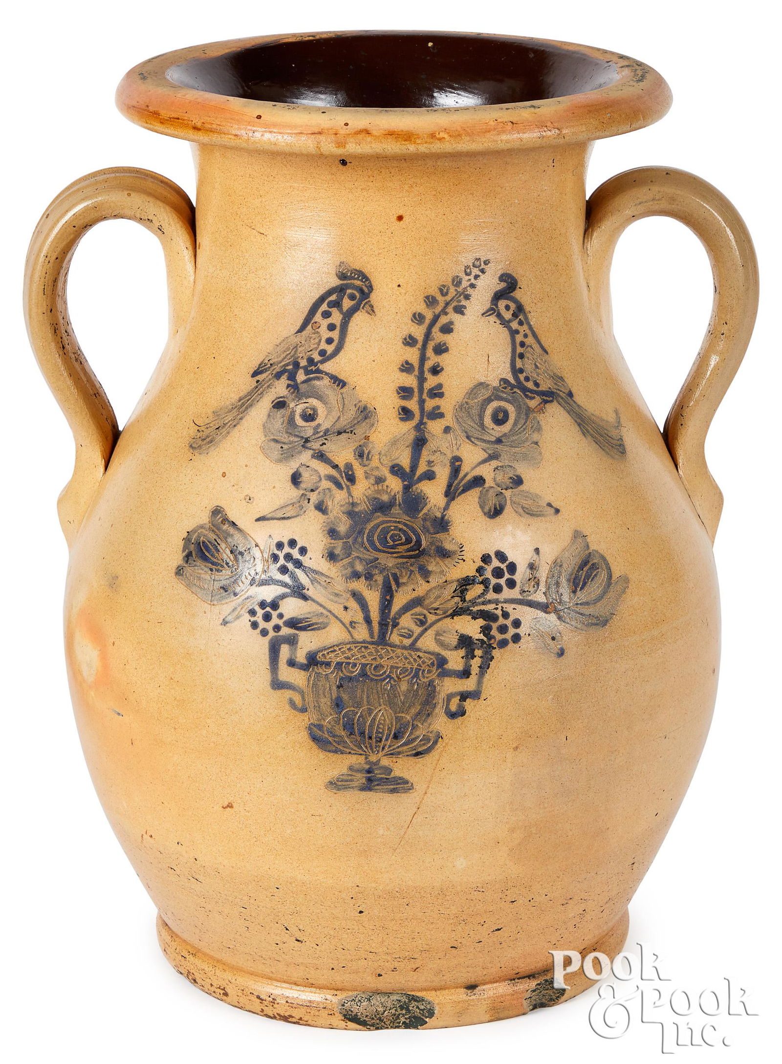 Stoneware two-handled urn, birds & flower urn