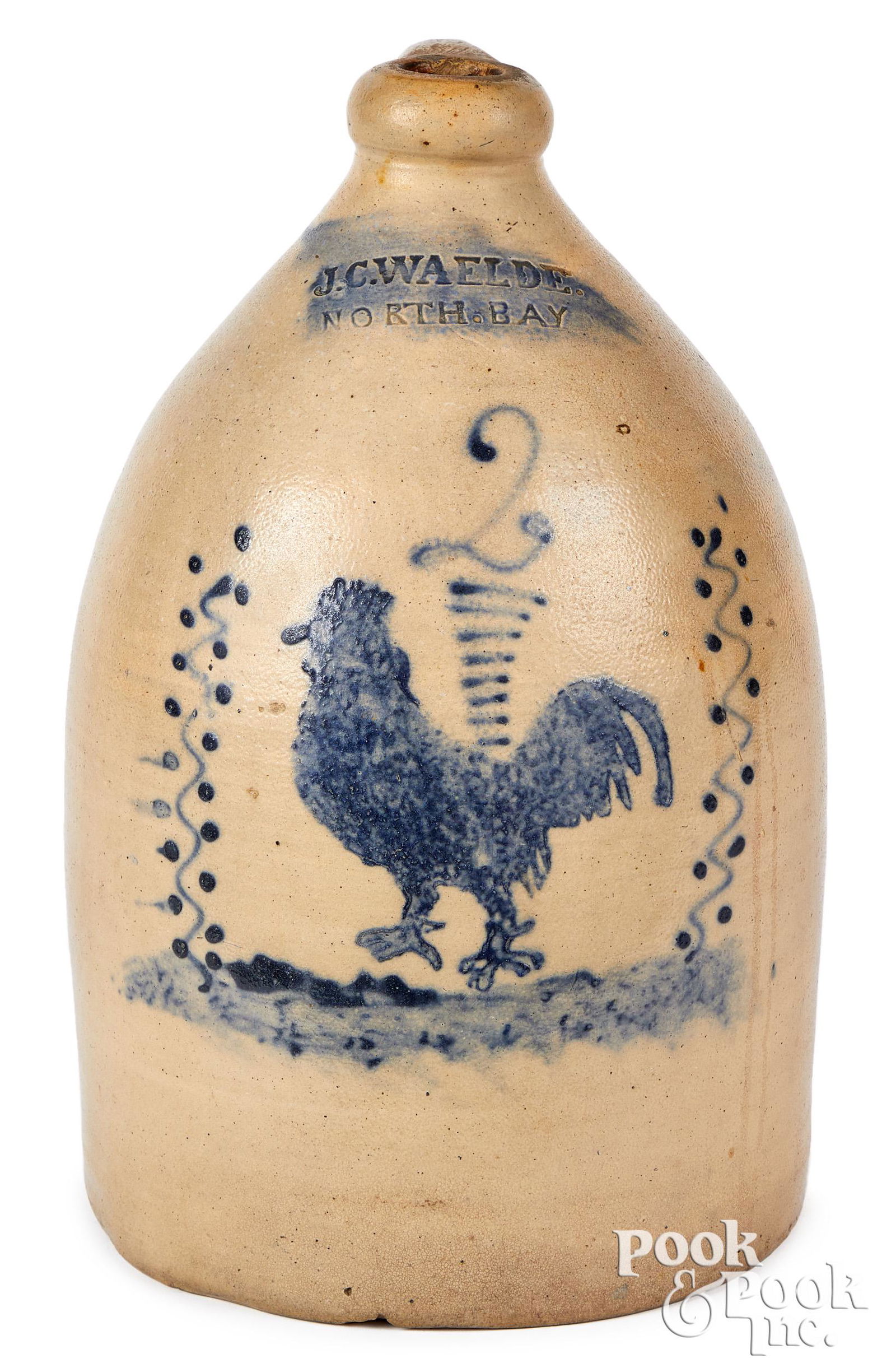 NY stoneware jug, J.C. Waelde North Bay rooster (1 of 2)