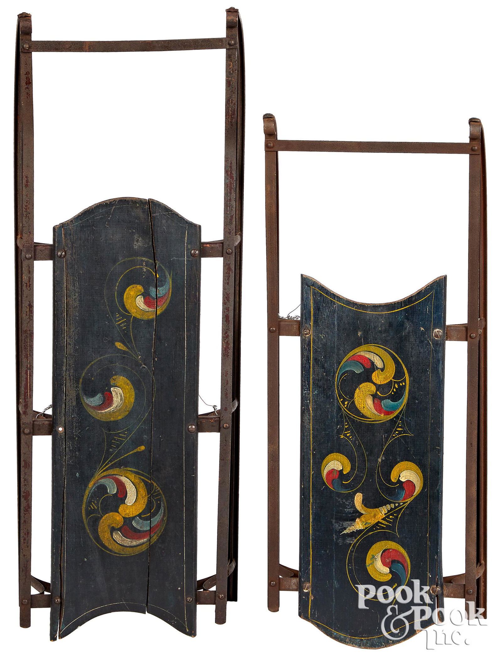 Two similar painted sleds, with swirl decoration (1 of 2)