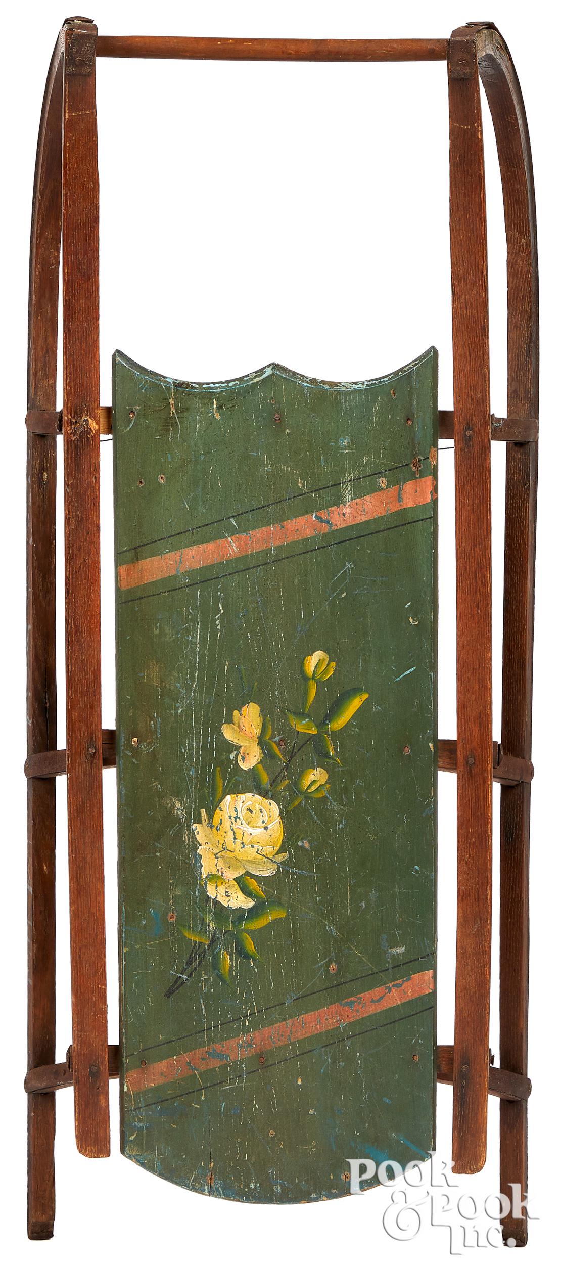 Painted sled, with floral decoration green (1 of 2)