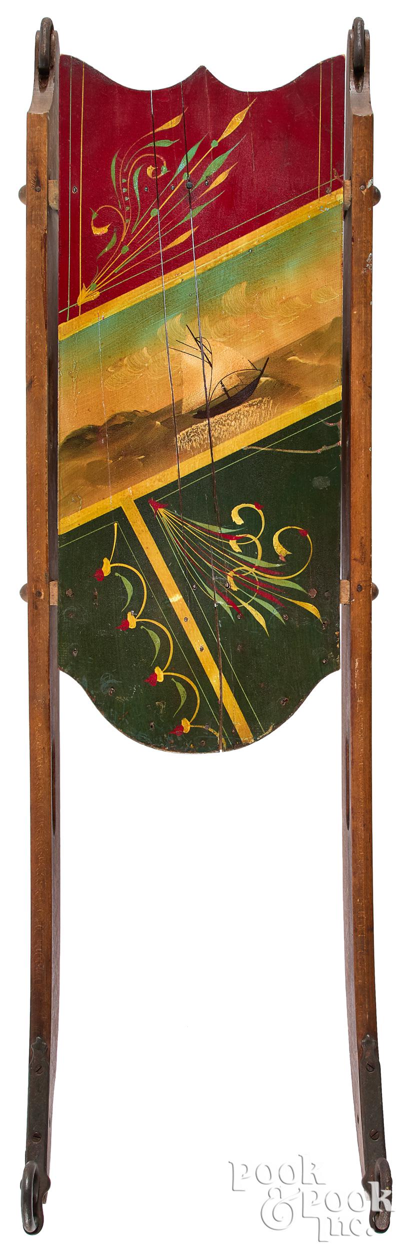 Painted sled, with sailing ship and red and green (1 of 2)