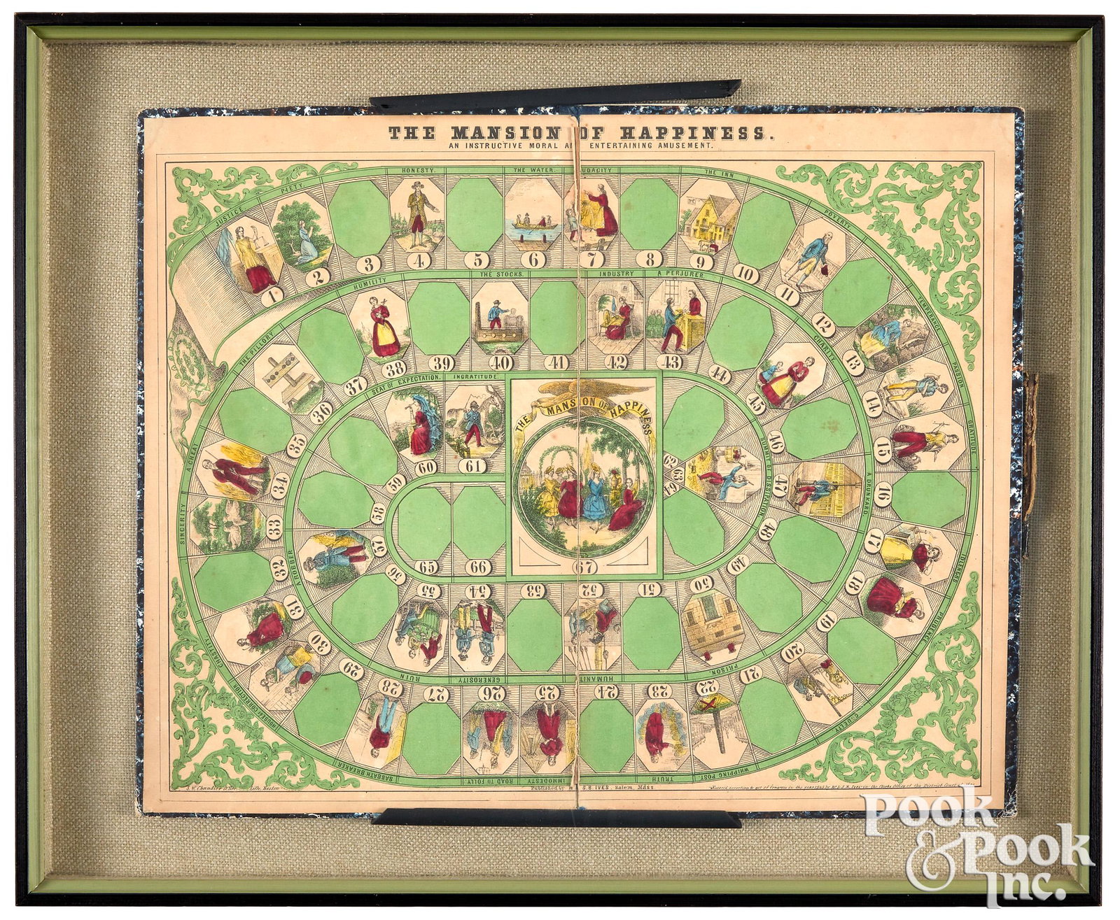 Ives Mansion of Happiness gameboard, ca. 1843: Ives Mansion of Happiness gameboard, ca. 1843, early, hand colored board game that was touted as morally instructive and entertaining amusement, professionally framed in a deep shadow box frame under 