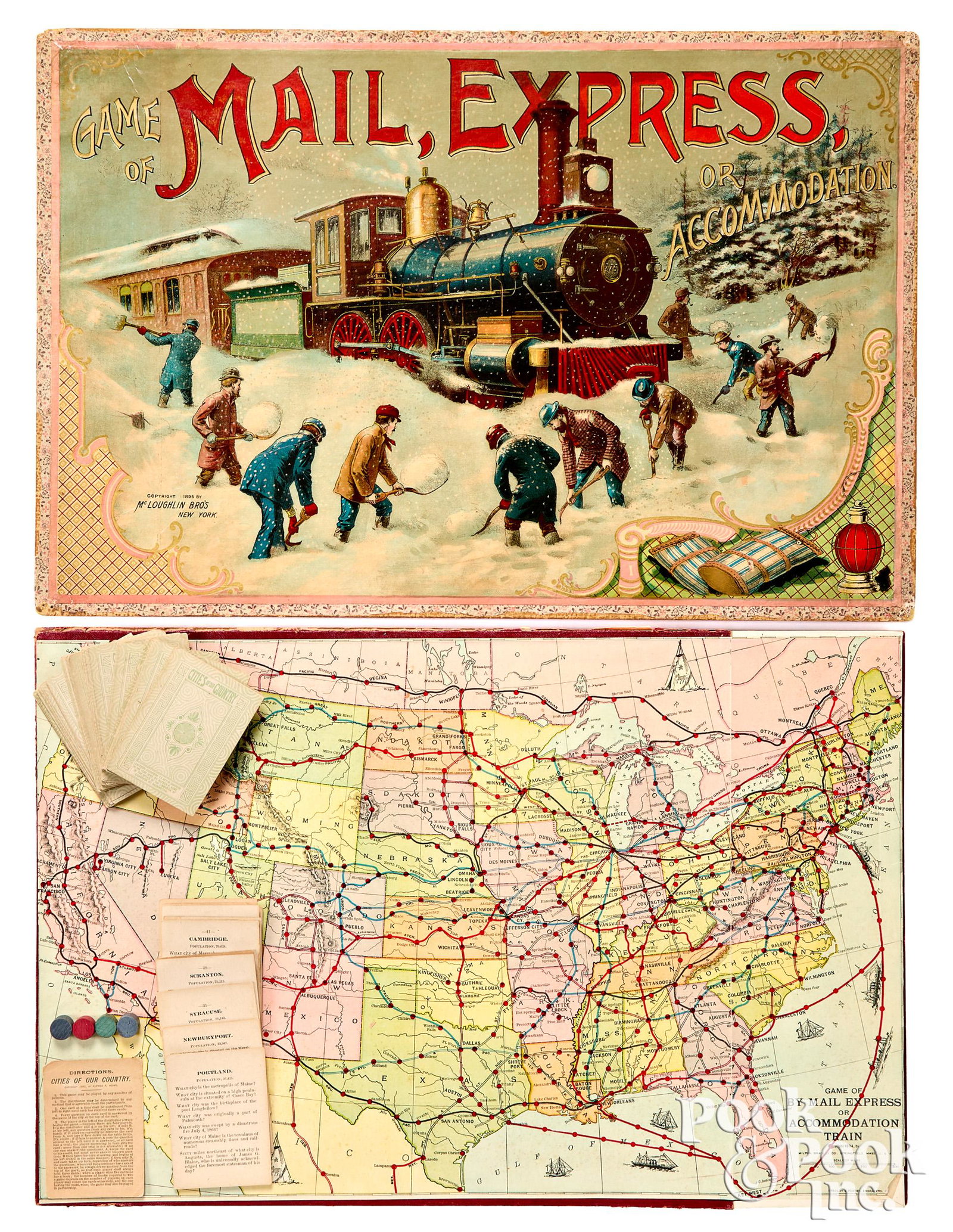 McLoughlin Game of Mail Express: McLoughlin Game of Mail Express or Accommodation, ca. 1895, desirable cover graphics, with early steam locomotive in the snow, built-up gameboard, with compartment for game implements and cities of ou