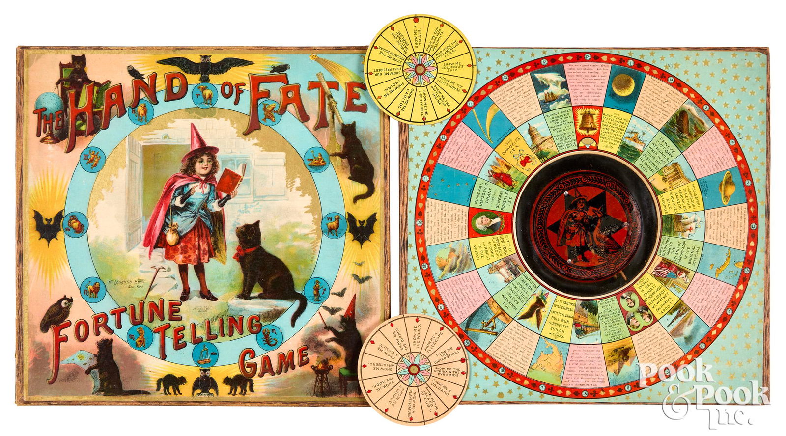 Mcloughlin Bros. Hand of Fate Fortune Telling: Mcloughlin Bros. Hand of Fate Fortune Telling Game, ca. 1901, brightly colored lid with game instructions on underside, built up box bottom gameboard, with magnetic center and question/answer wheels,