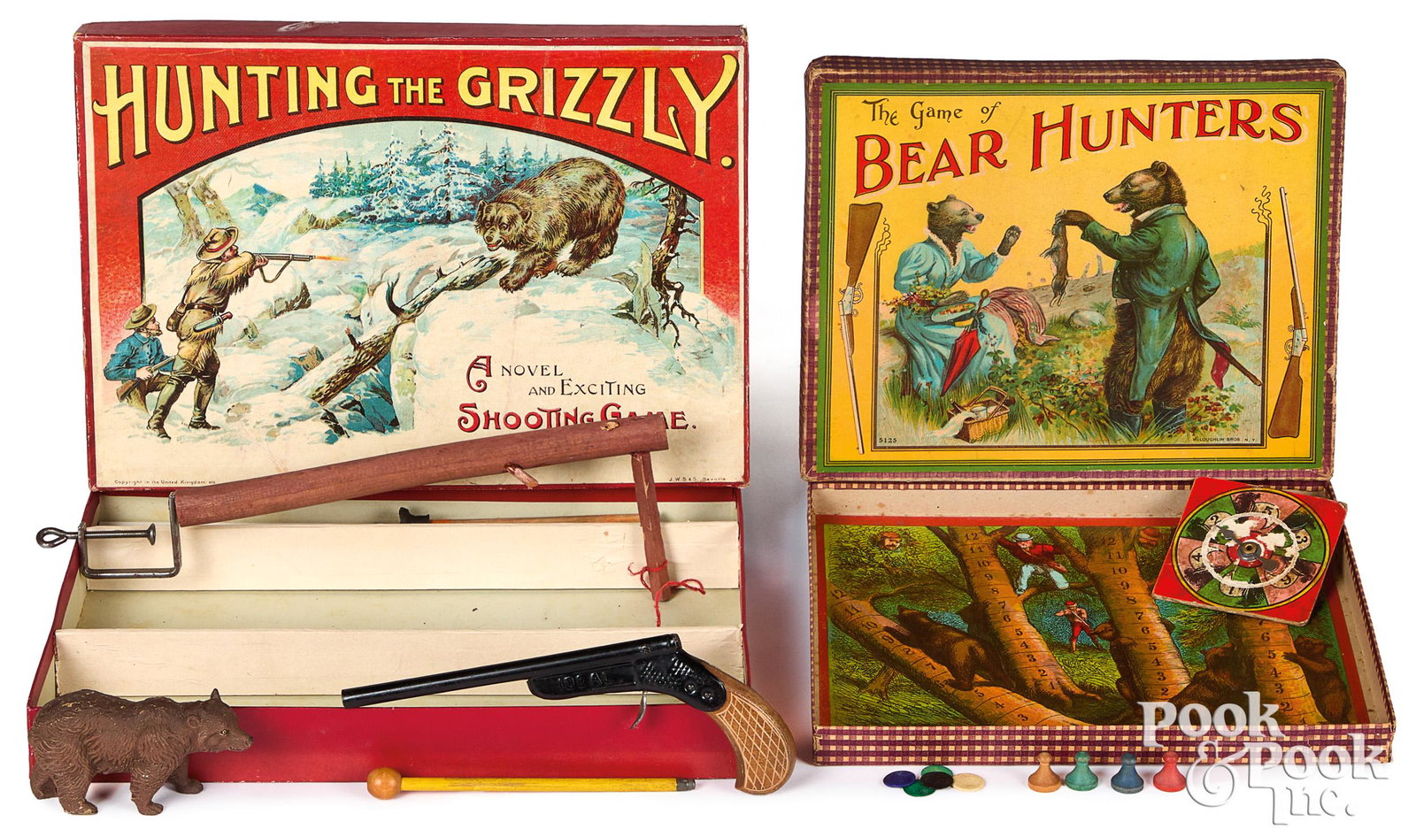 Two bear hunting games: Two bear hunting games, to include McLoughlin Bros. The Game of Bear Hunters, ca. 1900, with a charming cover image of a bear offering a rabbit to his love, together with Hunting the Grizzly, by Spear