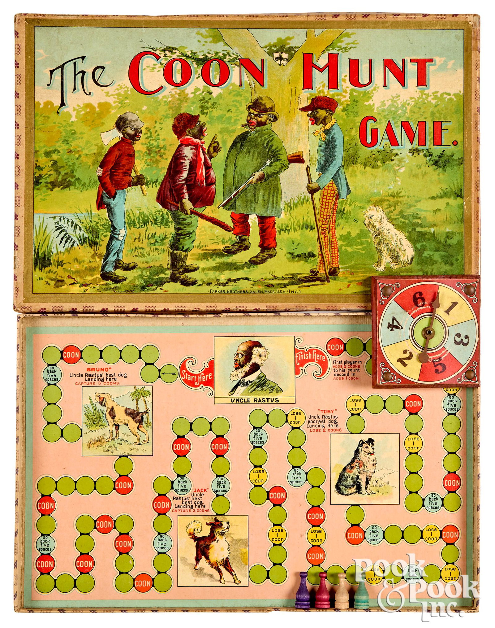 Parker Bros. Coon Hunt Game, early 20th c.: Parker Bros. Coon Hunt Game, early 20th c., with bright cover graphics, inset gameboard, and wood base spinner, 15'' x 9 1/2''. Competitive In-House shipping is available for this lot.