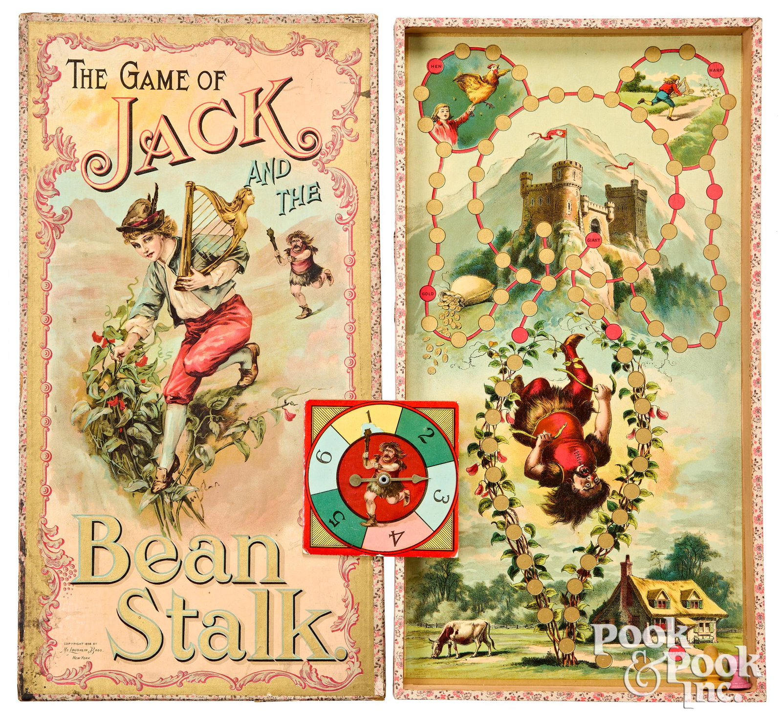 McLoughlin Bros. Game of Jack and the Beanstalk: McLoughlin Bros. Game of Jack and the Beanstalk, ca. 1898, great cover graphics, with giant figure that is also repeated in the inset gameboard and on the spinner, 19 3/4'' x 10 1/2''. Competitive In-