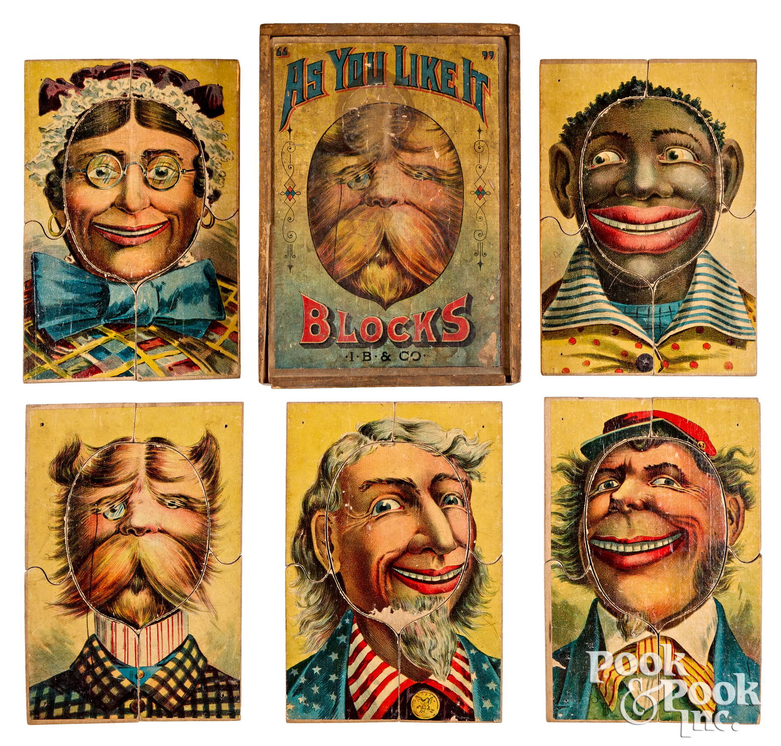 Ives As You Like It Blocks: Ives As You Like It Blocks, lithographed paper on wood puzzle sets, making five different faces, to include Uncle Sam, Minstrel, an old lady, a hirsute man, and an Irishman, the puzzles have interchan