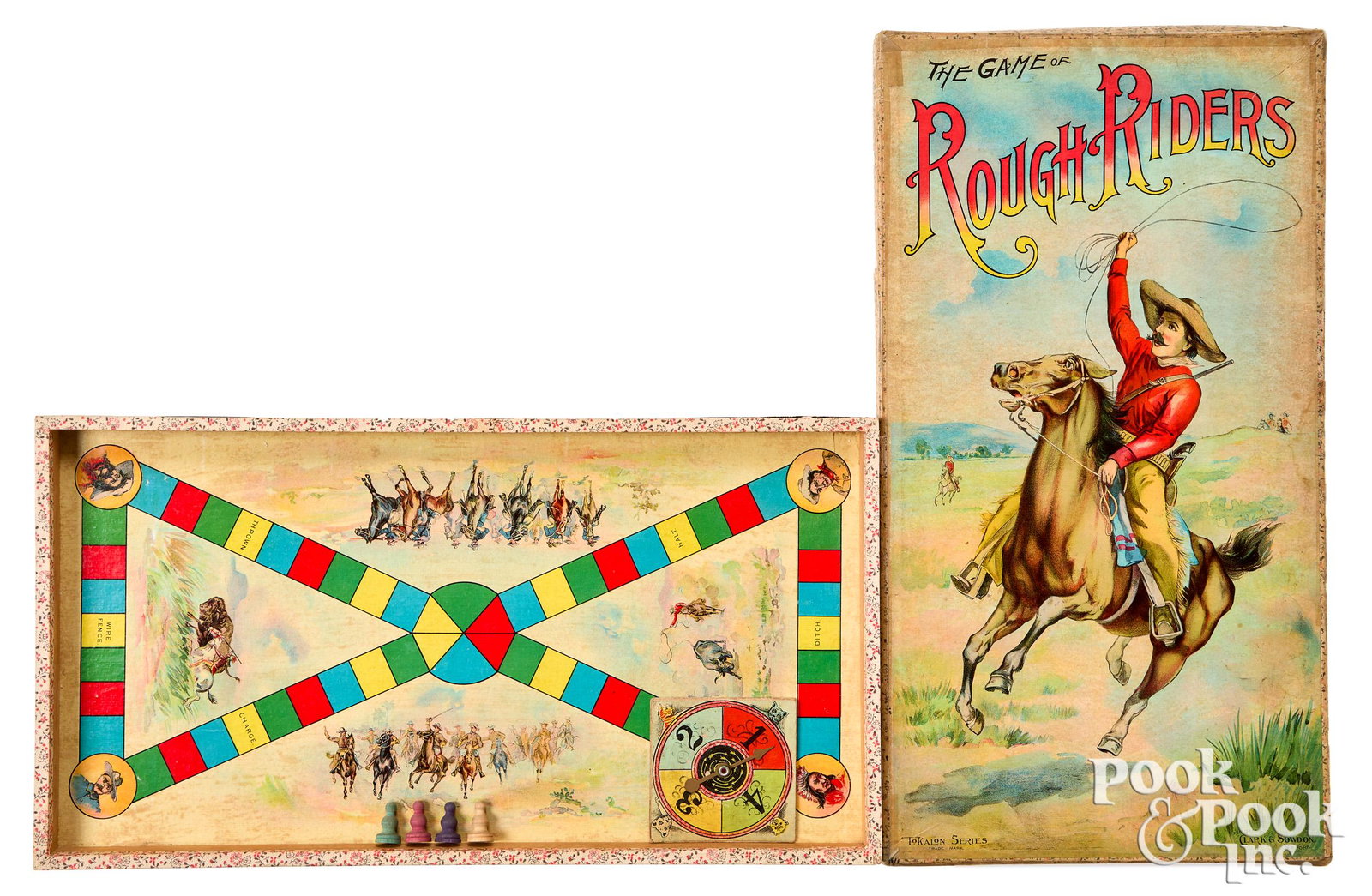 Game of Rough Riders, late 19th c.: Game of Rough Riders, late 19th c., no. 353 Tokalon Series, published by Clark & Sowdon, having inset gameboard in a wood frame bottom, with spinner and game pieces, 19'' x 10''. Provenance: Siege