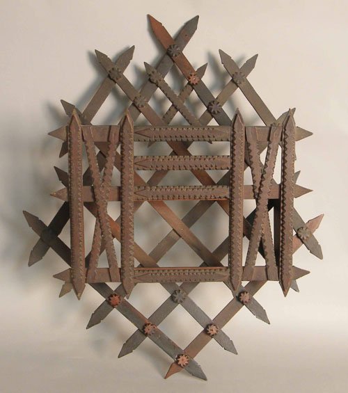 Tramp art wall pocket, ca. 1900, 27 1/4'' h., 22'' : Tramp art wall pocket, ca. 1900, 27 1/4'' h., 22'' l.