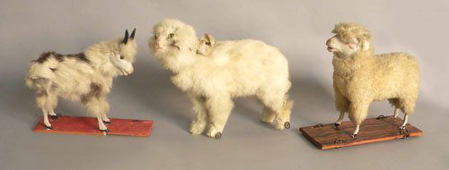 Three stuffed pull toys, ca. 1900, 11'' h.: Three stuffed pull toys, ca. 1900, 11'' h.