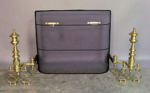Pair of Federal style brass andirons, 25'' h., tog: Pair of Federal style brass andirons, 25'' h., together with a screen, 31'' h., 38'' w.