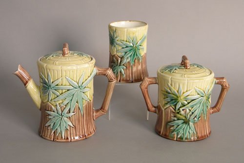 Majolica bamboo pattern teapot, 6 1/2'' h., covere: Majolica bamboo pattern teapot, 6 1/2'' h., covered sugar, 5 1/2'' h. and beaker, 4 1/2'' h.