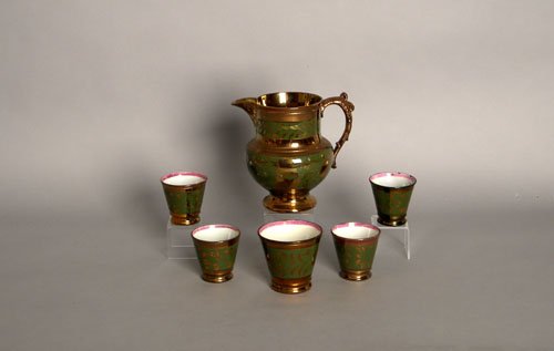 Six pieces of green ground copper luster, 19th c.: Six pieces of green ground copper luster, 19th c., 6 3/4'' h. (pitcher).