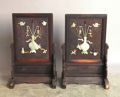 Pair of contemporary Chinese table screens, 28'' h: Pair of contemporary Chinese table screens, 28'' h., 17 1/2'' l.