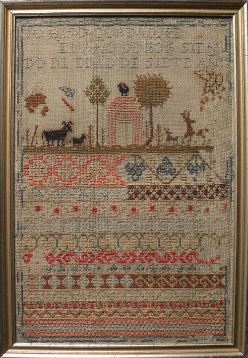 Spanish wool and linen sampler dated 1836, 22'' x: Spanish wool and linen sampler dated 1836, 22'' x 15''.